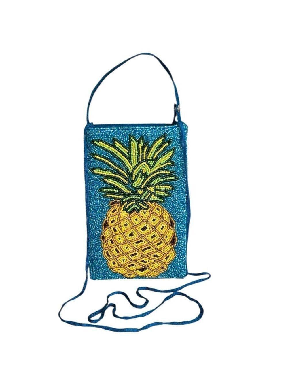Bamboo Trading Company Blue and Gold Bead Pineapple Crossbody Club Phone Bag